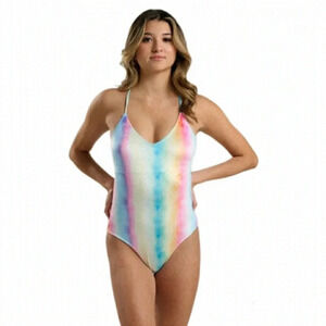 2/$25-Quintsoul S NWOT One Piece Unicorn Rainbow Colorful Velour Deep V  Lace Up